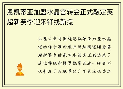 恩凯蒂亚加盟水晶宫转会正式敲定英超新赛季迎来锋线新援